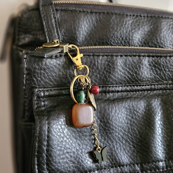 Brown Stone Beaded Keychain with Gold Leaf and Black Butterfly Charms - Picture 5 of 7